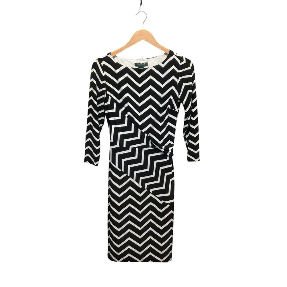 Lauren Ralph Lauren Chevron Patterned Black and White Stretchy Dress Size 4 - Picture 3 of 6